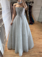 Luxury Silver Gray Strapless Beaded A Line Evening Dress with Choker CLA73700