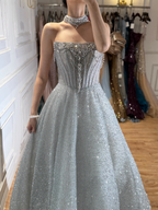 Luxury Silver Gray Strapless Beaded A Line Evening Dress with Choker CLA73700