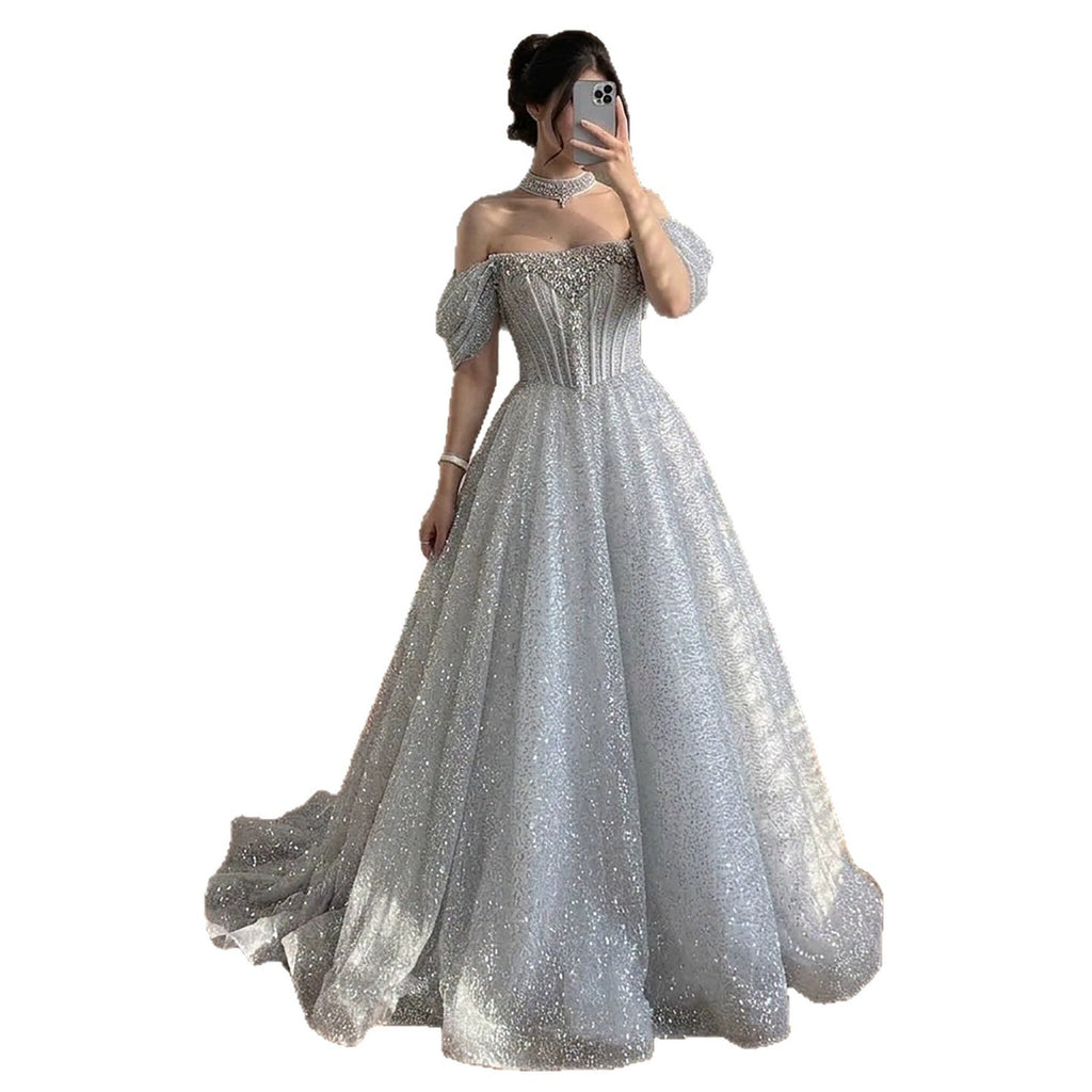 Luxury Silver Gray Strapless Beaded A Line Evening Dress with Choker CLA73700