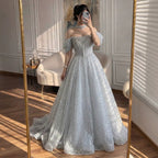 Luxury Silver Gray Strapless Beaded A Line Evening Dress with Choker CLA73700