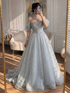Luxury Silver Gray Strapless Beaded A Line Evening Dress with Choker CLA73700