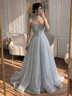 Luxury Silver Gray Strapless Beaded A Line Evening Dress with Choker CLA73700