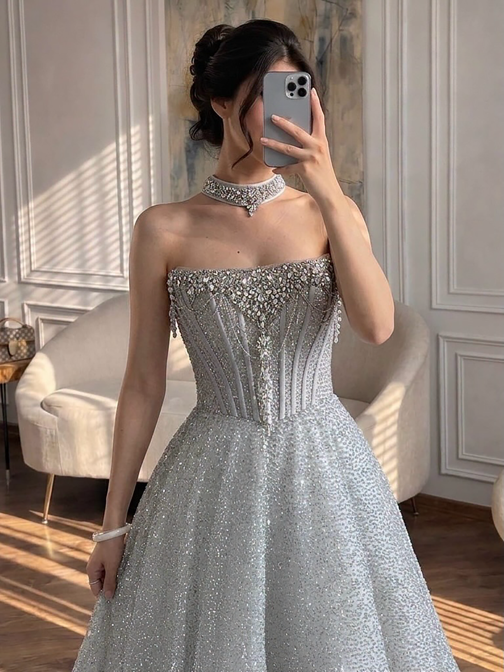 Luxury Silver Gray Strapless Beaded A Line Evening Dress with Choker CLA73700