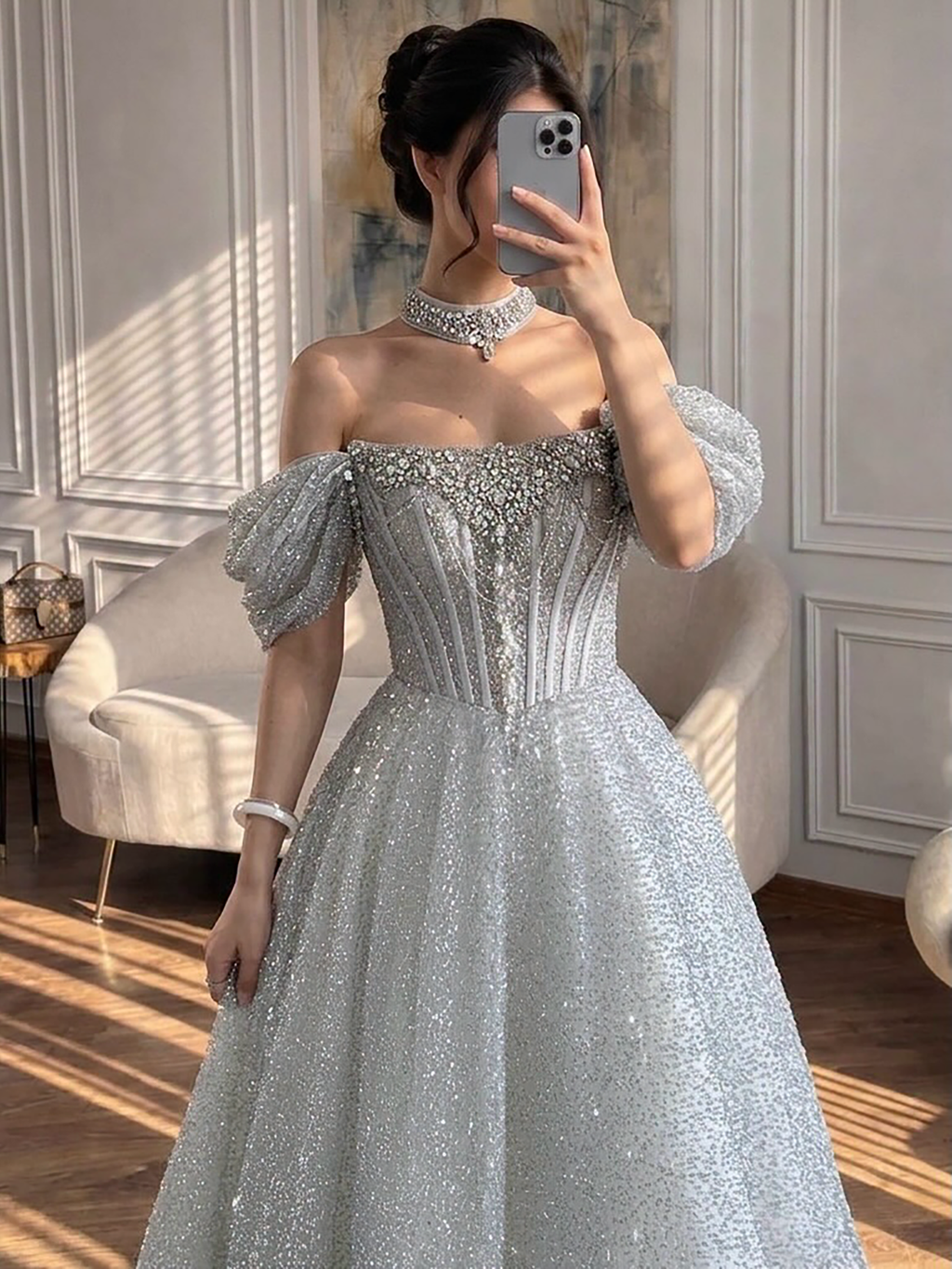 Luxury Silver Gray Strapless Beaded A Line Evening Dress with Choker CLA73700