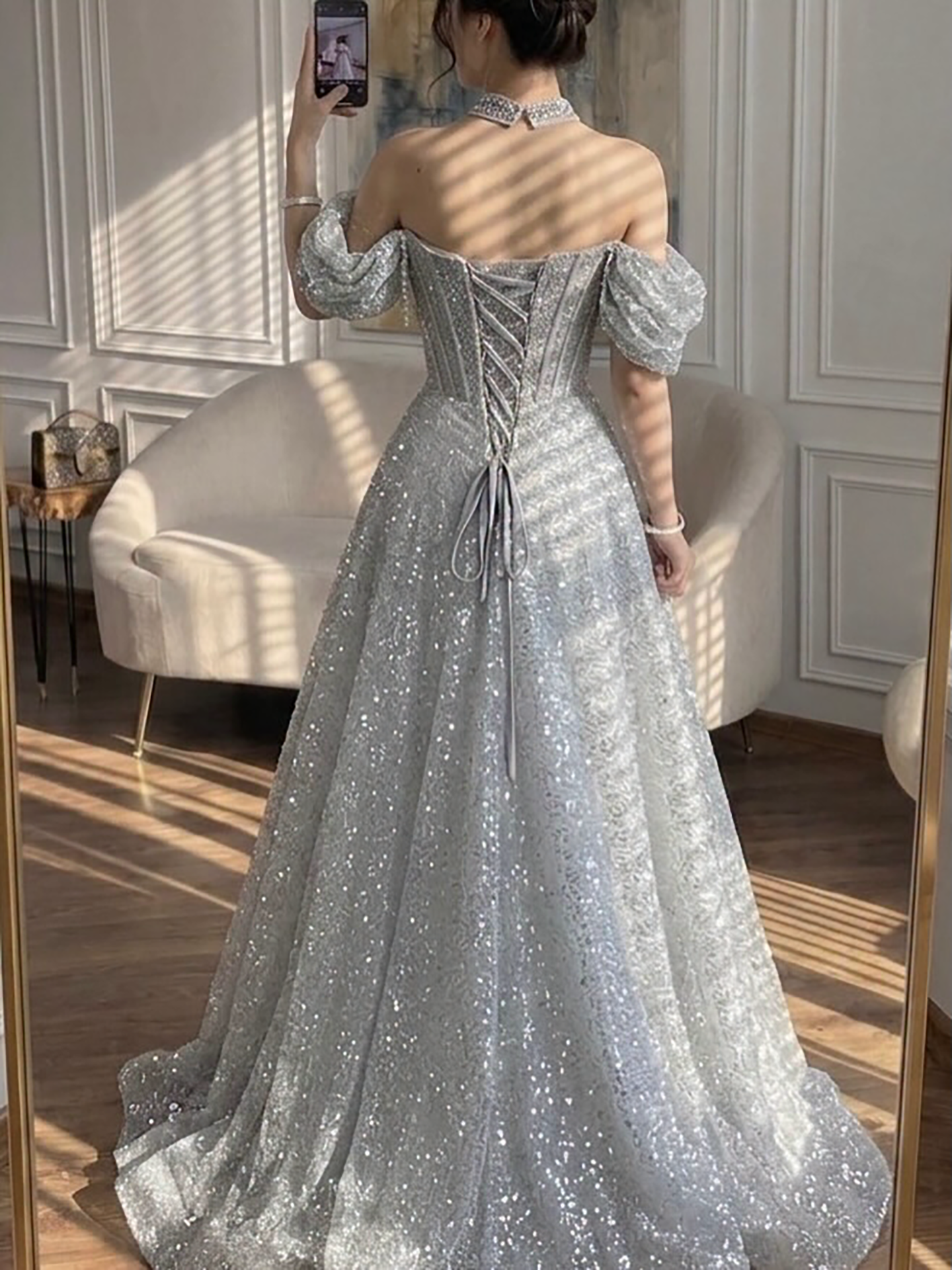 Luxury Silver Gray Strapless Beaded A Line Evening Dress with Choker CLA73700