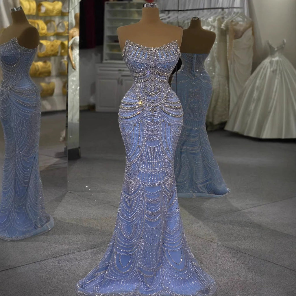 Luxury Blue Strapless Crystal Beaded Mermaid Evening Dress CLA73701