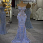 Luxury Blue Strapless Crystal Beaded Mermaid Evening Dress CLA73701
