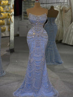 Luxury Blue Strapless Crystal Beaded Mermaid Evening Dress CLA73701