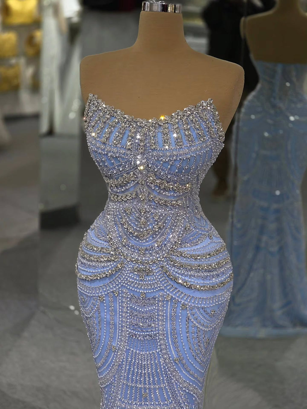 Luxury Blue Strapless Crystal Beaded Mermaid Evening Dress CLA73701