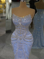 Luxury Blue Strapless Crystal Beaded Mermaid Evening Dress CLA73701