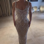 Luxury Silver Nude Spaghetti Strap Crystal Beaded Mermaid Evening Dress CLA73702