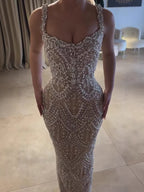 Luxury Silver Nude Spaghetti Strap Crystal Beaded Mermaid Evening Dress CLA73702