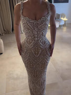 Luxury Silver Nude Spaghetti Strap Crystal Beaded Mermaid Evening Dress CLA73702