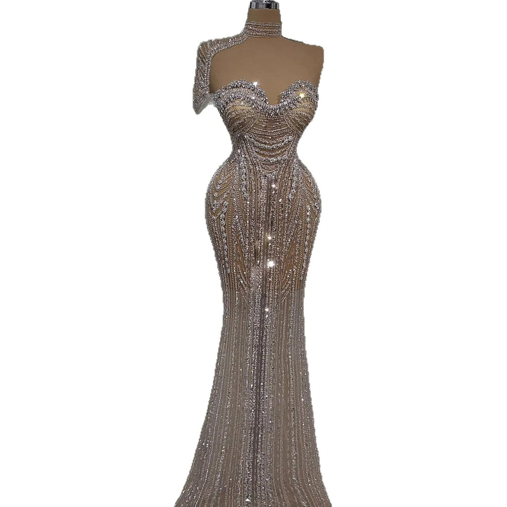 Luxury Silver Nude Strapless Crystal Beaded Mermaid Evening Dress with Cape CLA73703