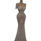 Luxury Silver Nude Strapless Crystal Beaded Mermaid Evening Dress with Cape CLA73703