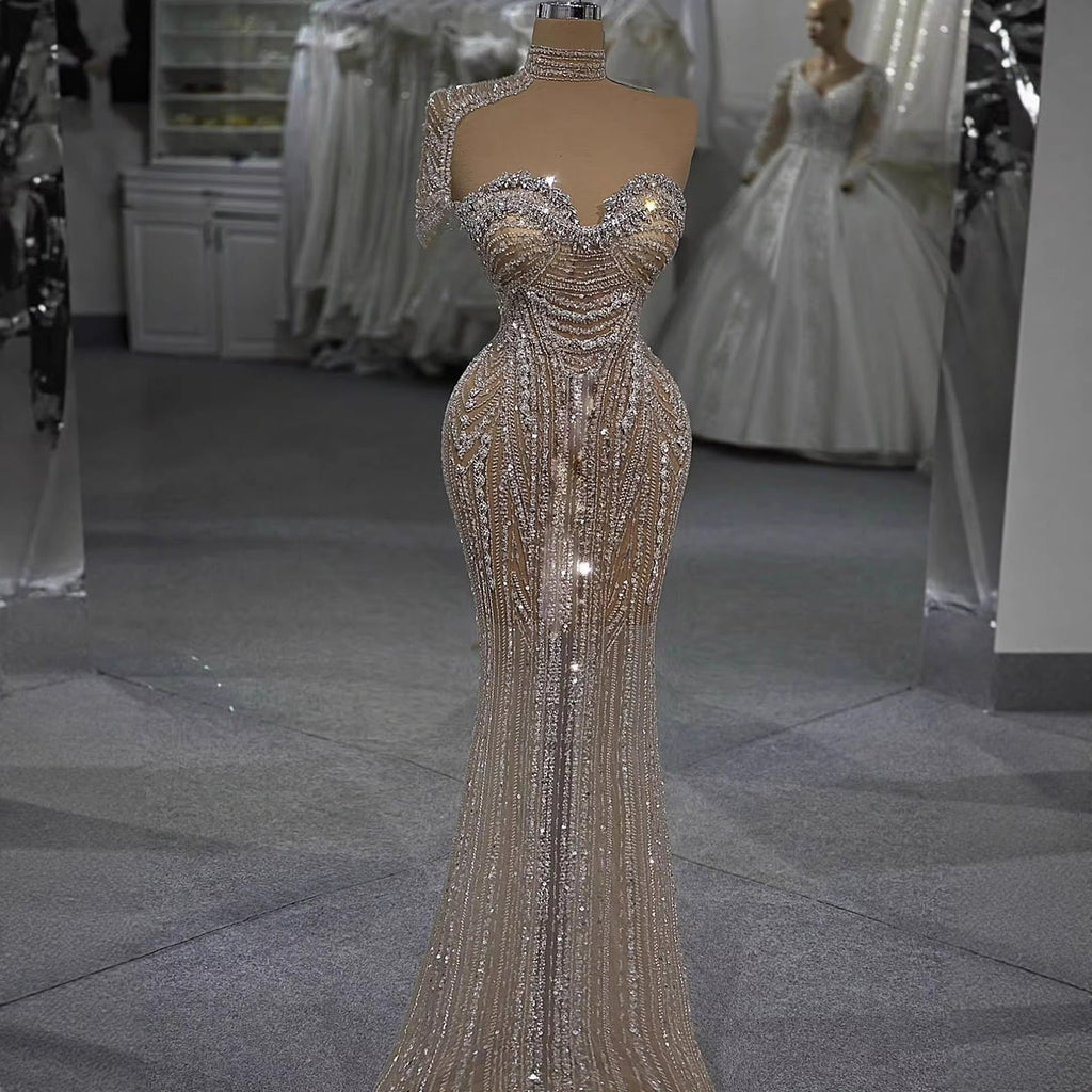 Luxury Silver Nude Strapless Crystal Beaded Mermaid Evening Dress with Cape CLA73703
