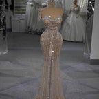 Luxury Silver Nude Strapless Crystal Beaded Mermaid Evening Dress with Cape CLA73703