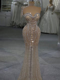 Luxury Silver Nude Strapless Crystal Beaded Mermaid Evening Dress with Cape CLA73703