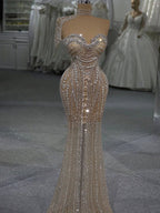 Luxury Silver Nude Strapless Crystal Beaded Mermaid Evening Dress with Cape CLA73703