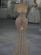 Luxury Silver Nude Strapless Crystal Beaded Mermaid Evening Dress with Cape CLA73703