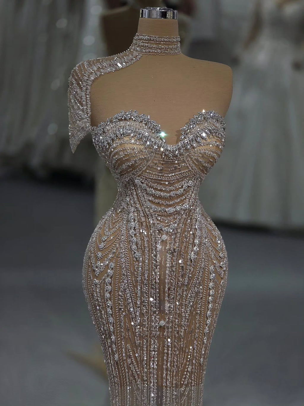 Luxury Silver Nude Strapless Crystal Beaded Mermaid Evening Dress with Cape CLA73703