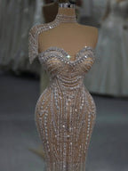 Luxury Silver Nude Strapless Crystal Beaded Mermaid Evening Dress with Cape CLA73703