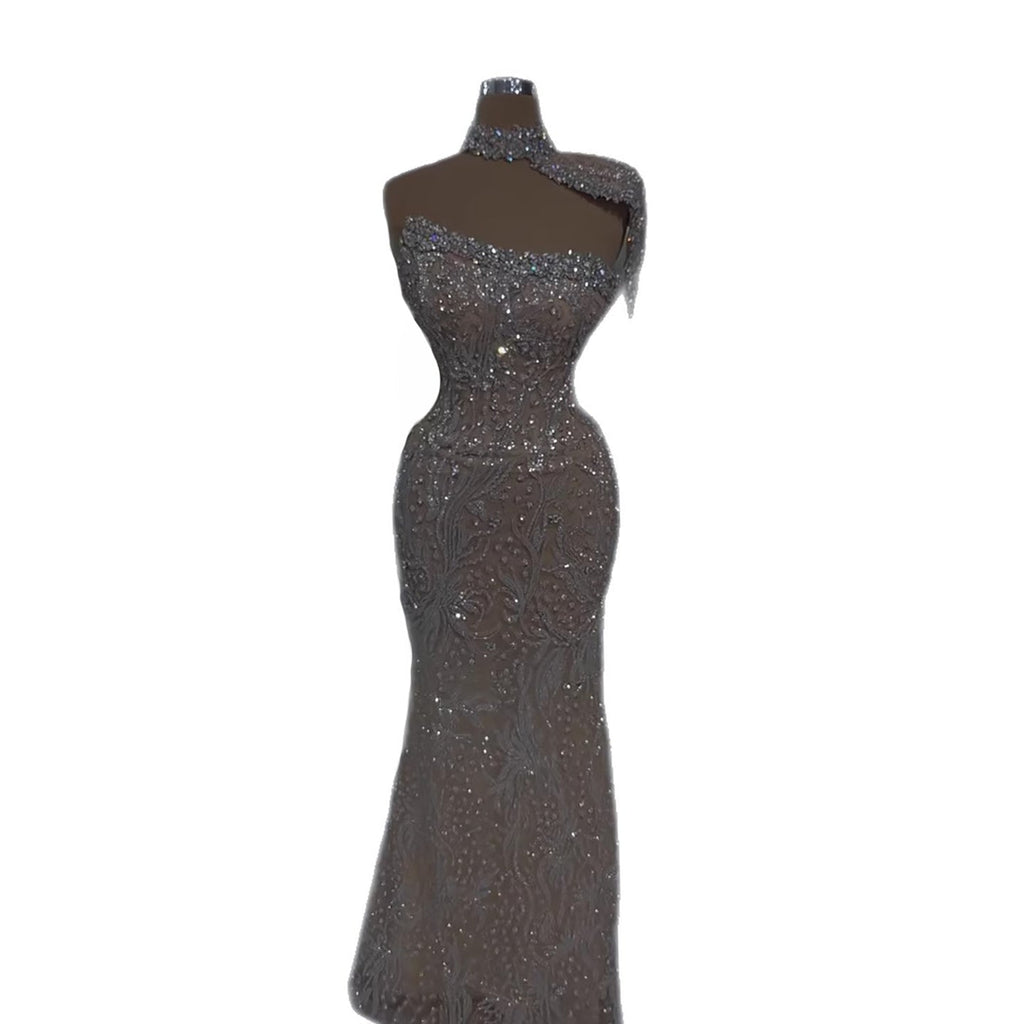 Luxury Silver Nude Crystal Beaded Mermaid Evening Dress with Cape CLA73704
