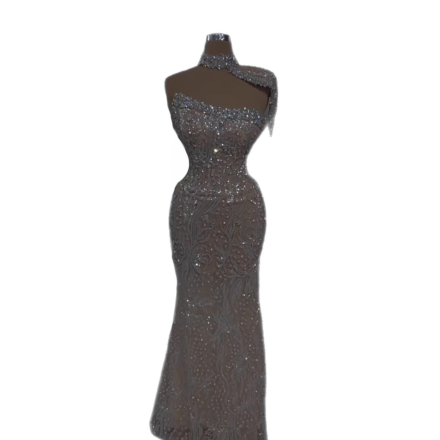 Luxury Silver Nude Crystal Beaded Mermaid Evening Dress with Cape CLA73704