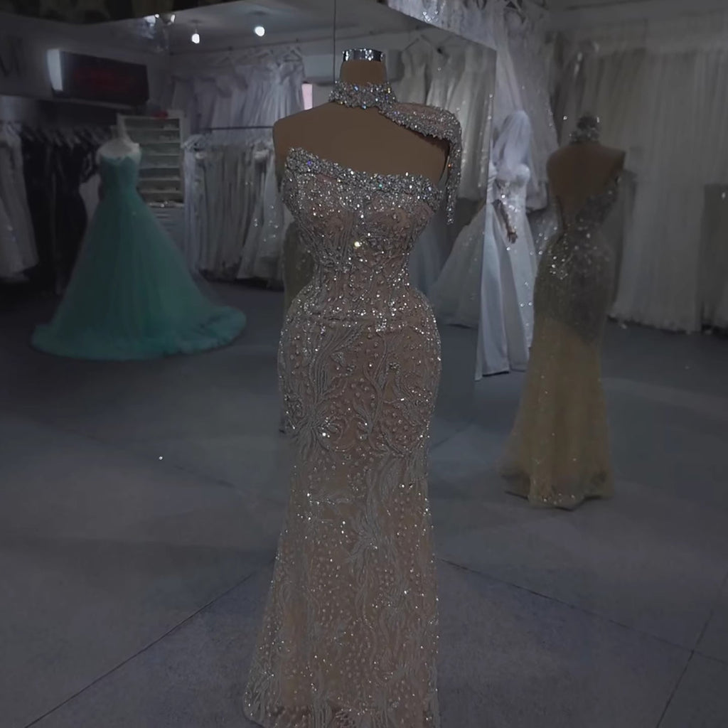 Luxury Silver Nude Crystal Beaded Mermaid Evening Dress with Cape CLA73704