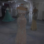 Luxury Silver Nude Crystal Beaded Mermaid Evening Dress with Cape CLA73704
