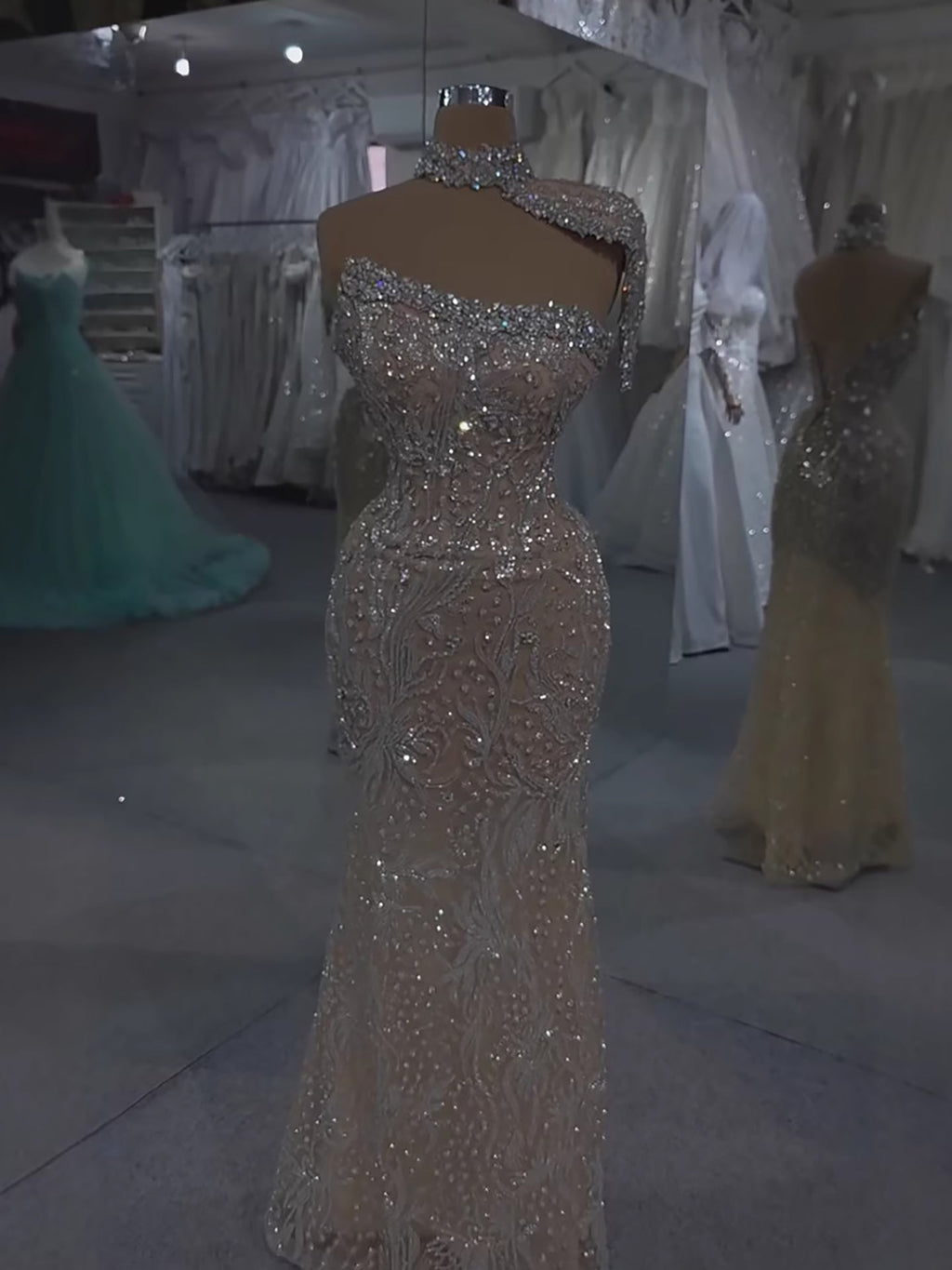 Luxury Silver Nude Crystal Beaded Mermaid Evening Dress with Cape CLA73704