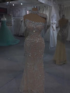 Luxury Silver Nude Crystal Beaded Mermaid Evening Dress with Cape CLA73704