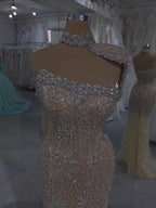 Luxury Silver Nude Crystal Beaded Mermaid Evening Dress with Cape CLA73704