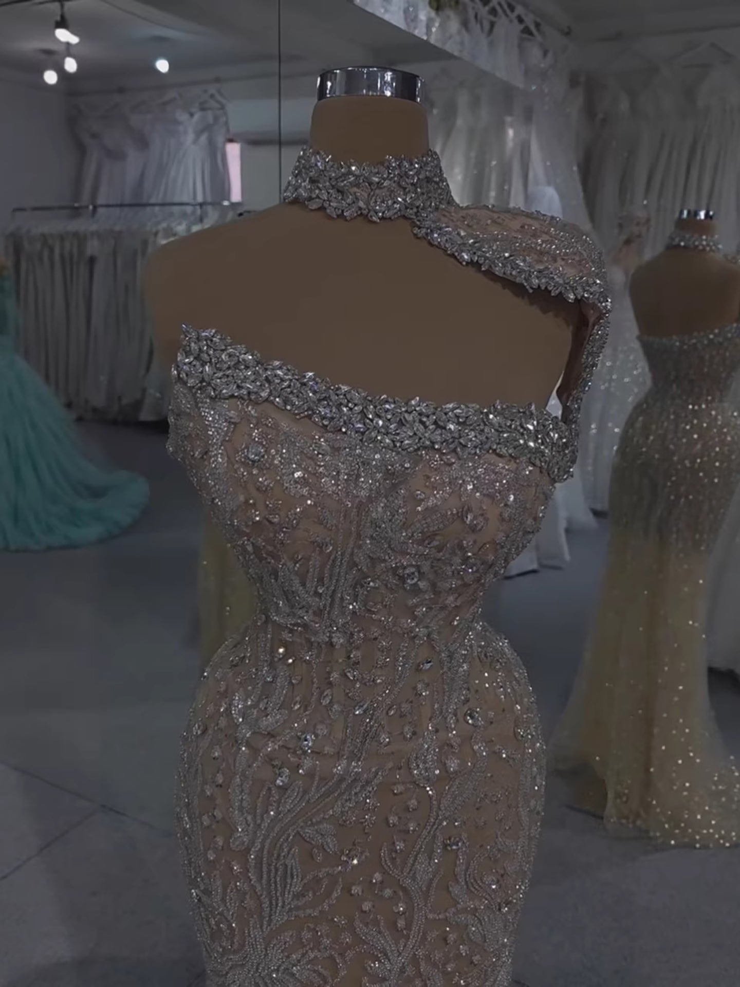 Luxury Silver Nude Crystal Beaded Mermaid Evening Dress with Cape CLA73704