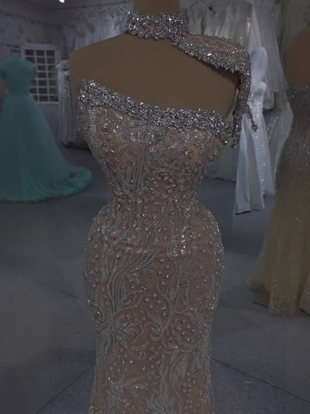 Luxury Silver Nude Crystal Beaded Mermaid Evening Dress with Cape CLA73704