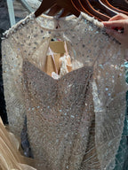 Luxury Nude Pearls Beaded Mermaid Long Sleeve Cutout Dress CLA73705