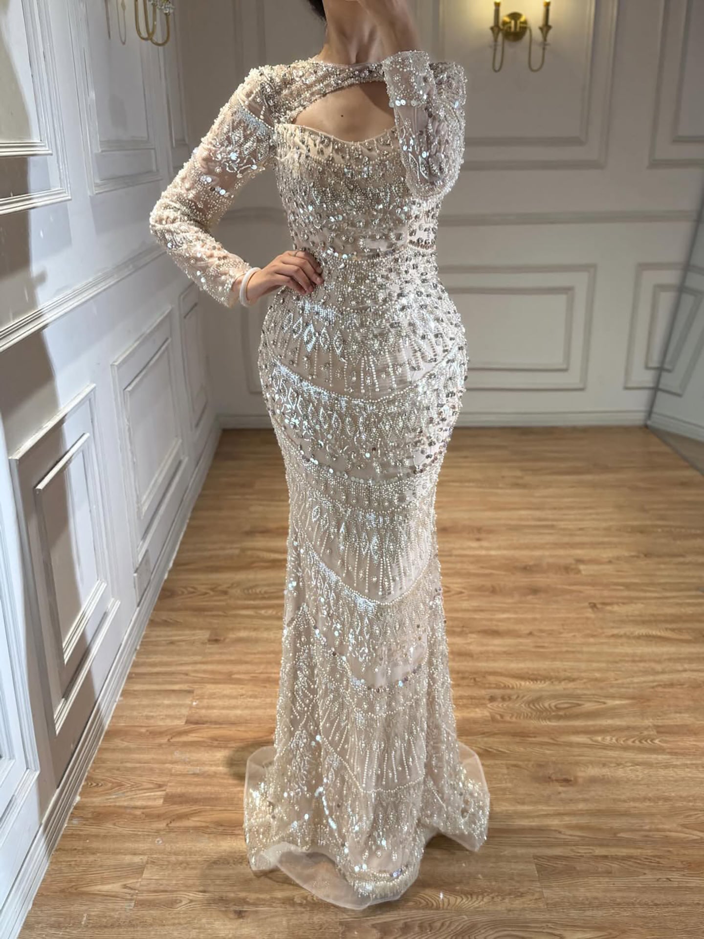 Luxury Nude Pearls Beaded Mermaid Long Sleeve Cutout Dress CLA73705