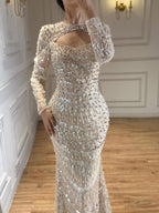 Luxury Nude Pearls Beaded Mermaid Long Sleeve Cutout Dress CLA73705