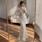 Luxury Nude Pearls Beaded Mermaid Long Sleeve Cutout Dress CLA73705