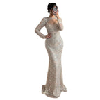 Luxury Nude Pearls Beaded Mermaid Long Sleeve Cutout Dress CLA73705