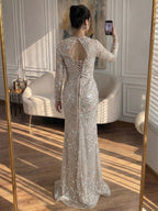 Luxury Nude Pearls Beaded Mermaid Long Sleeve Cutout Dress CLA73705