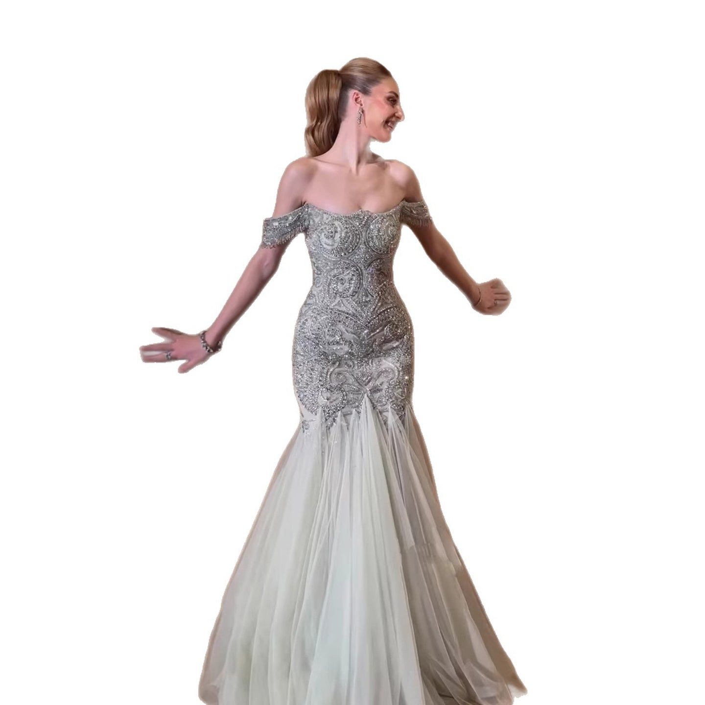 Luxury Sage Green Beaded Off Shoulder Mermaid Evening Dress CLA73706
