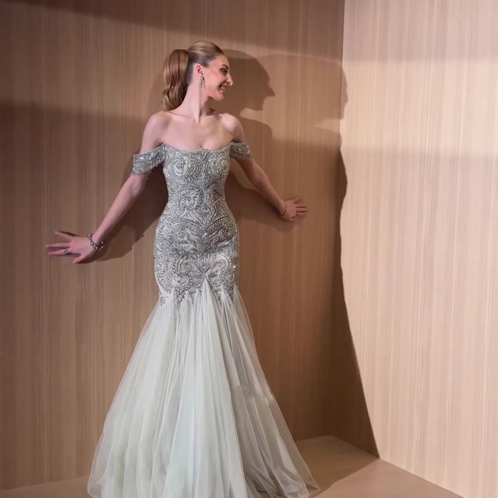Luxury Sage Green Beaded Off Shoulder Mermaid Evening Dress CLA73706