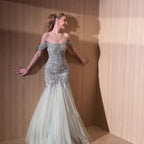 Luxury Sage Green Beaded Off Shoulder Mermaid Evening Dress CLA73706