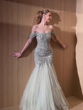 Luxury Sage Green Beaded Off Shoulder Mermaid Evening Dress CLA73706