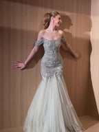 Luxury Sage Green Beaded Off Shoulder Mermaid Evening Dress CLA73706