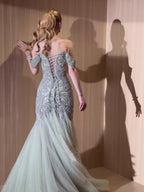 Luxury Sage Green Beaded Off Shoulder Mermaid Evening Dress CLA73706