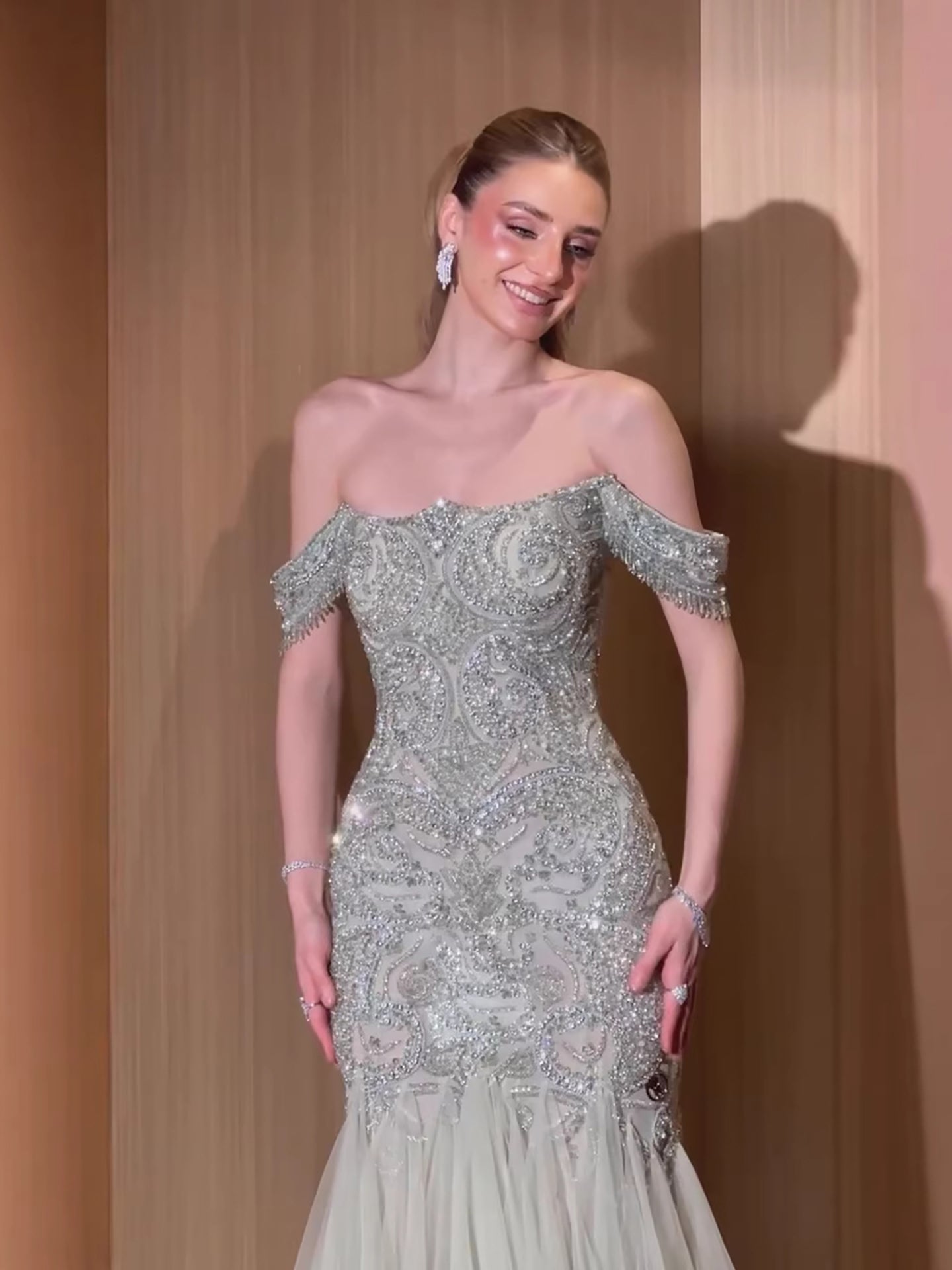 Luxury Sage Green Beaded Off Shoulder Mermaid Evening Dress CLA73706
