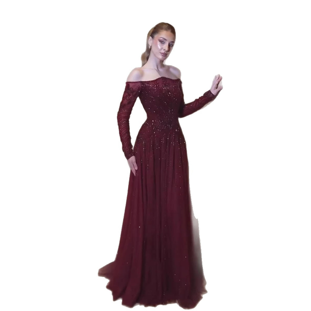 Luxury Wine Red Beaded Off Shoulder Long Sleeve Evening Dress CLA73707
