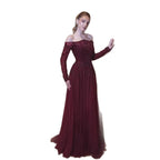Luxury Wine Red Beaded Off Shoulder Long Sleeve Evening Dress CLA73707